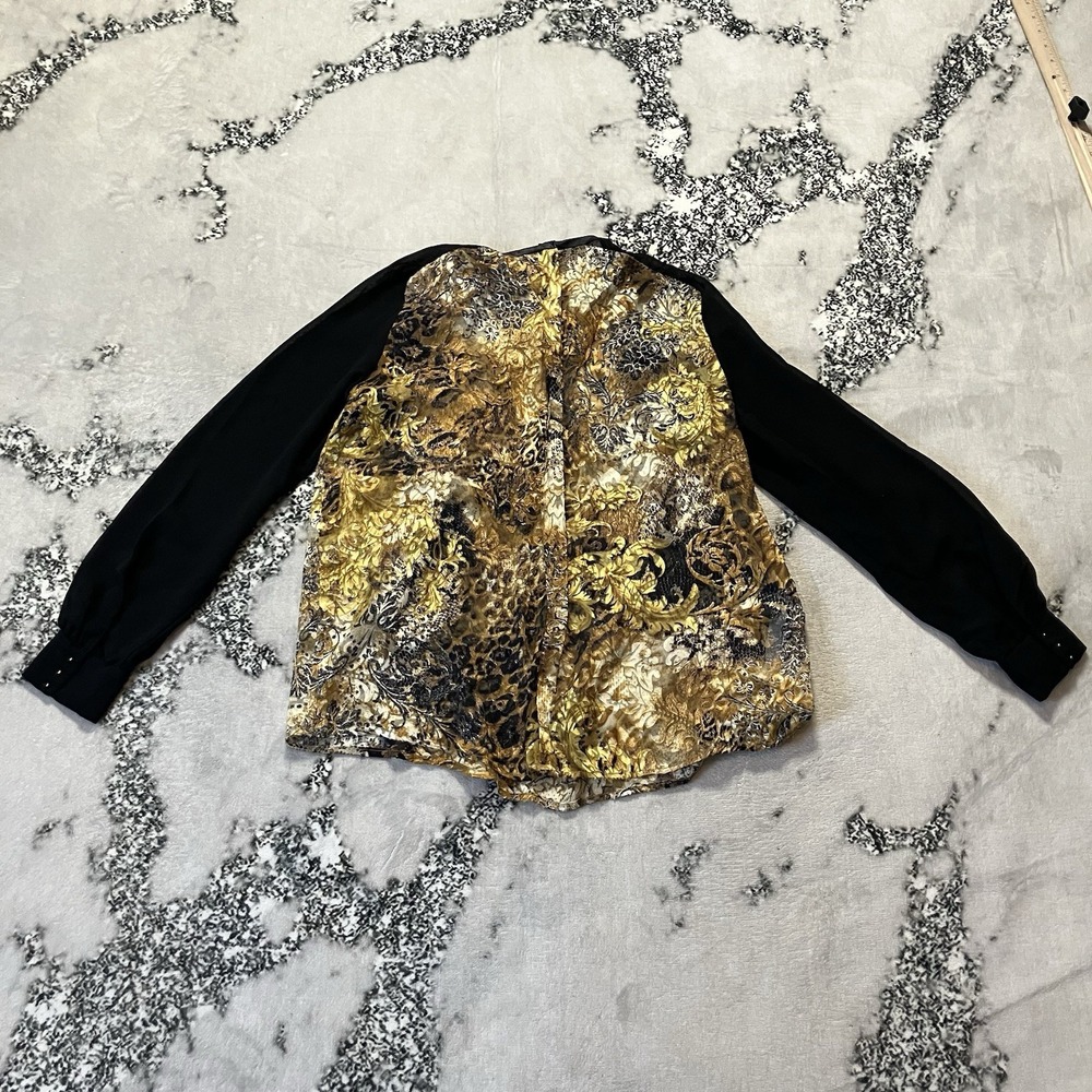 Mango‎ Shirt Womens Sz 10 gold black animal baroque print body solid black - Picture 3 of 8
